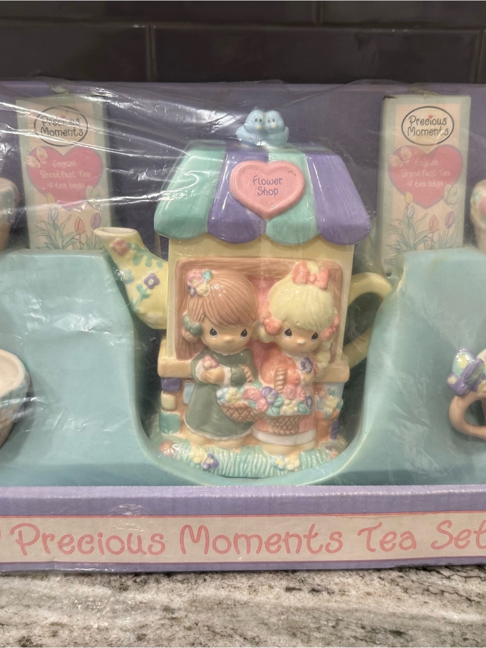 Precious Moments Pastel Flower Shop Tea Set - Mint, Lavender, Pink, Cream